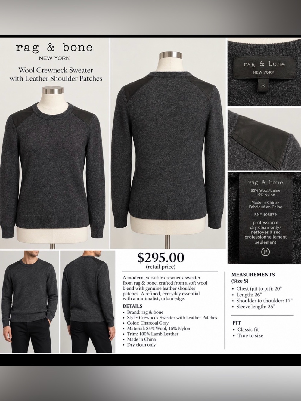 rag & bone Men’s Charcoal Gray Wool Crewneck Sweater w Leather Shoulder Patches